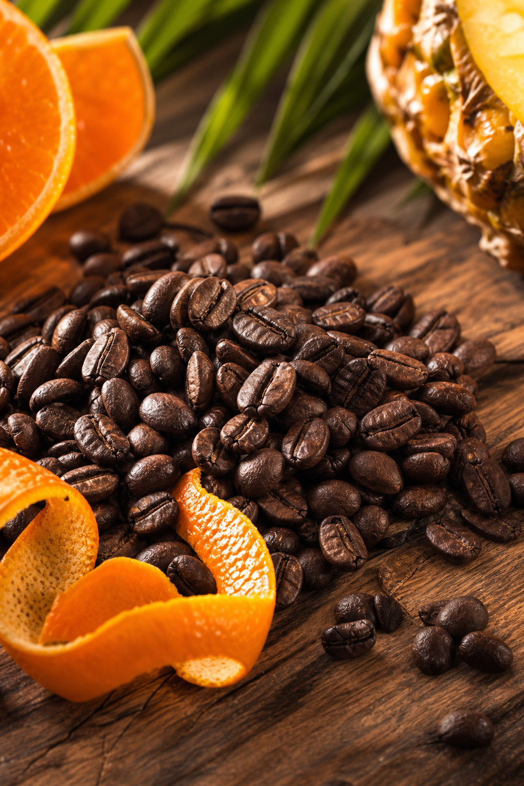A photorealistic close‑up of coffee beans scattered on a wooden table with sunlight highlighting their surface, showing citrus zest and tropical fruit cues, Realism style. Alt: coffee beans with Florida Keys flavor notes