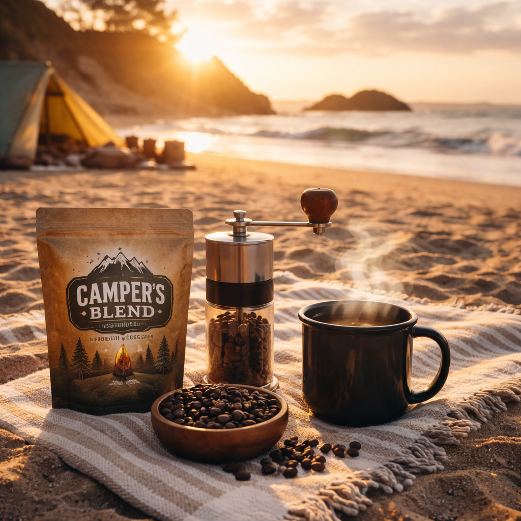 Beach camping coffee setup with fresh beans and grinder