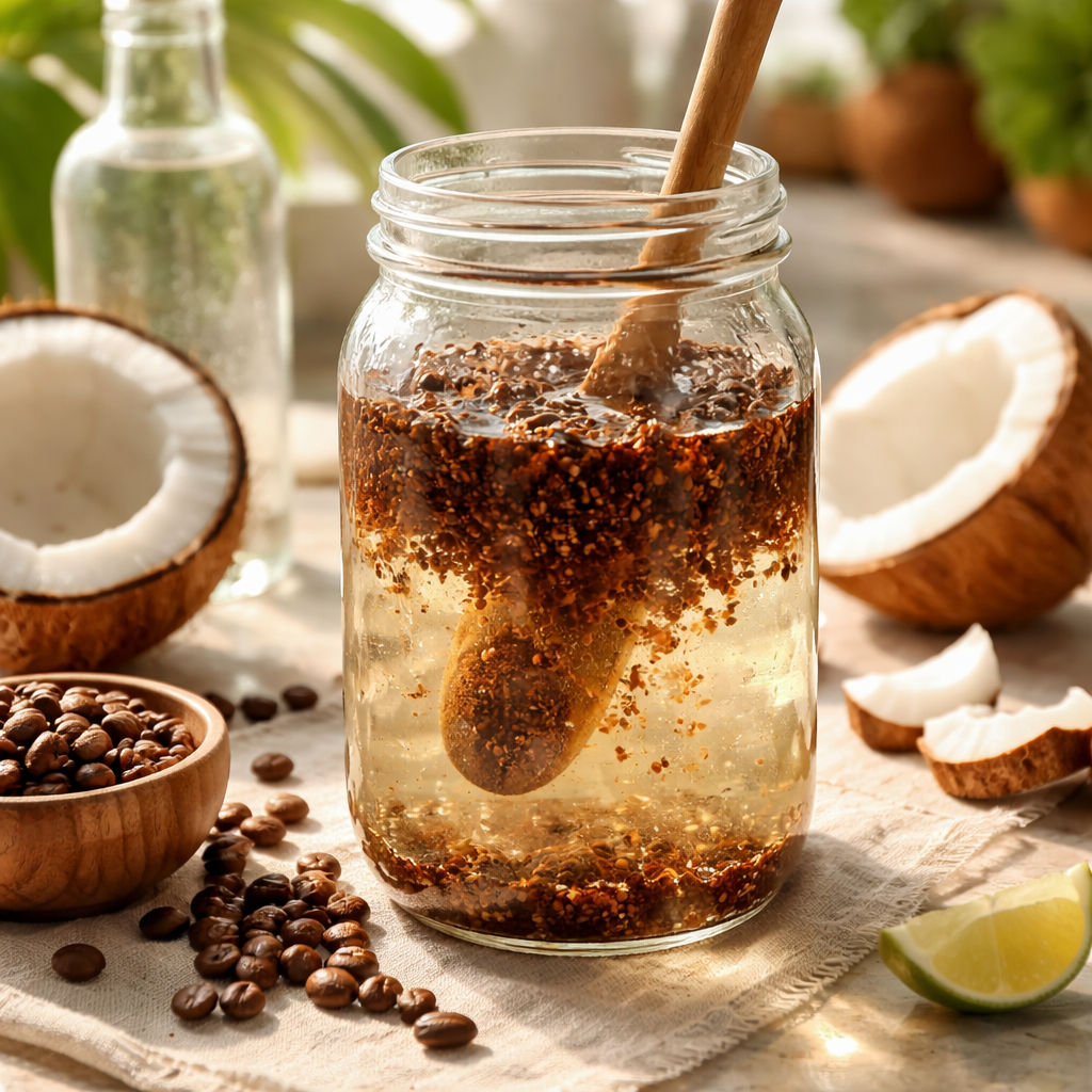 cold brew coffee with coconut water ingredients laid out on a kitchen table