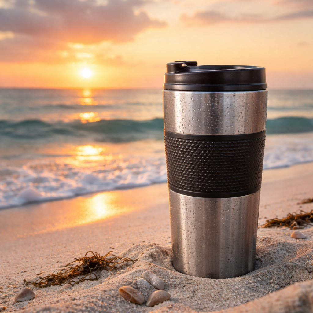 travel mug for hot coffee on beach