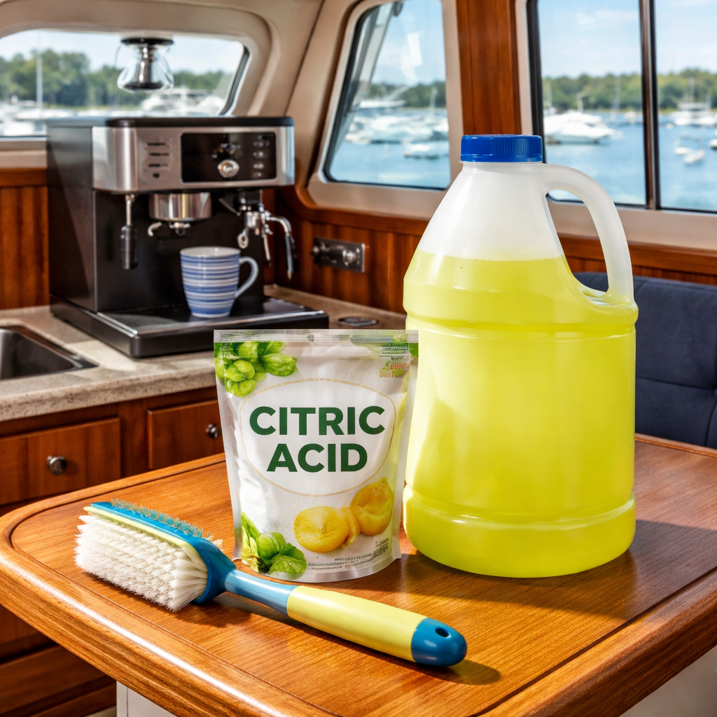 Marine‑safe coffee equipment cleaning supplies on a boat cabin