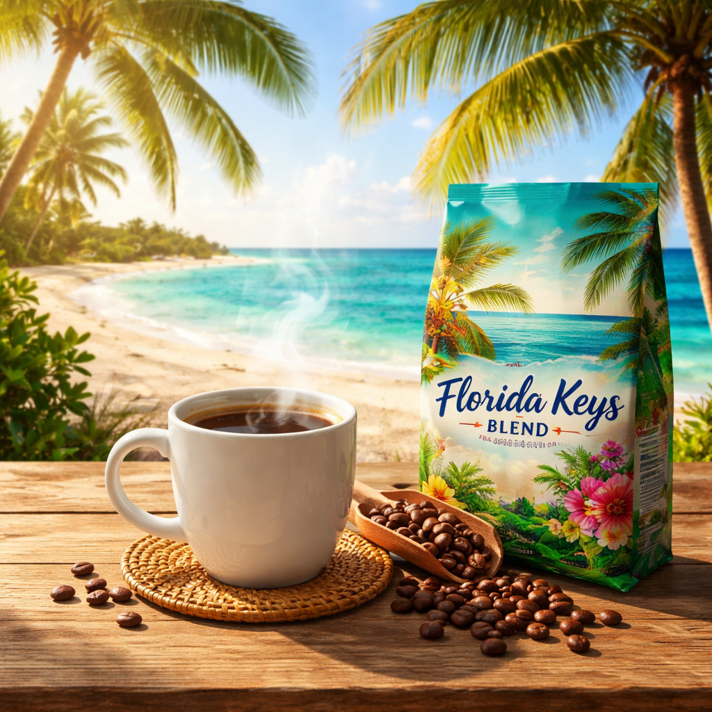 Florida Keys inspired coffee blend on a beach table