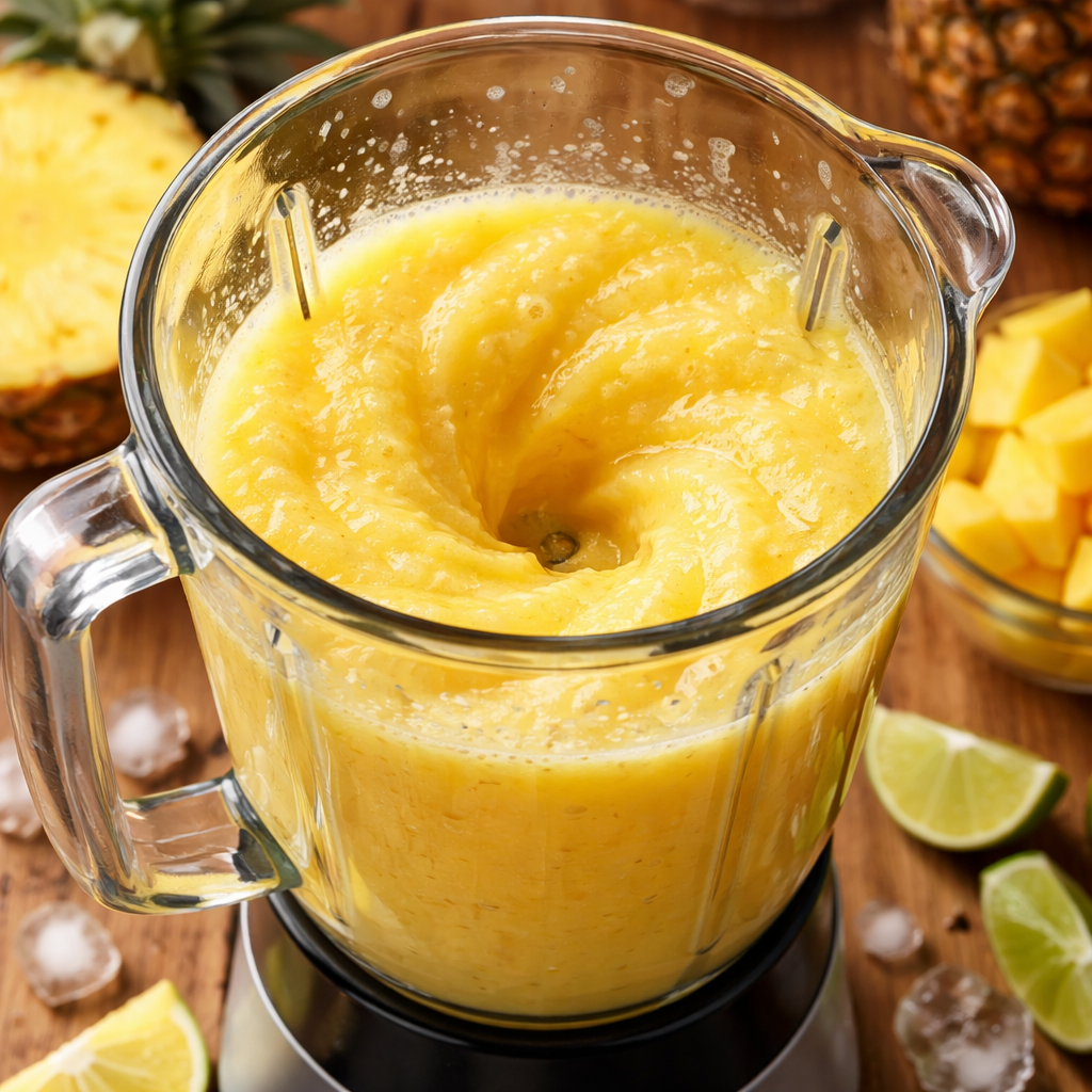 A close‑up of fresh pineapple chunks being blended into a smooth puree on a wooden countertop, realistic style, alt: fresh pineapple puree for cocktails