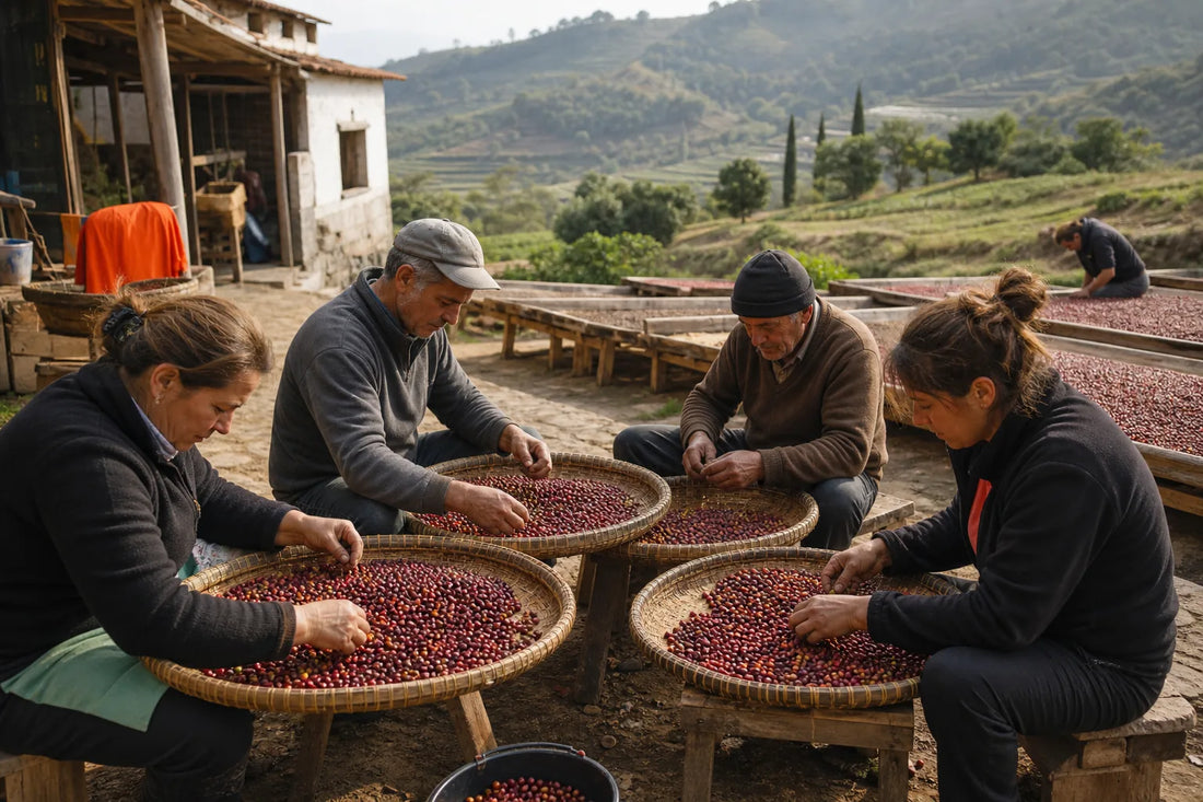 Coffee cooperative workers sorting beans for fair trade coffee sourcing