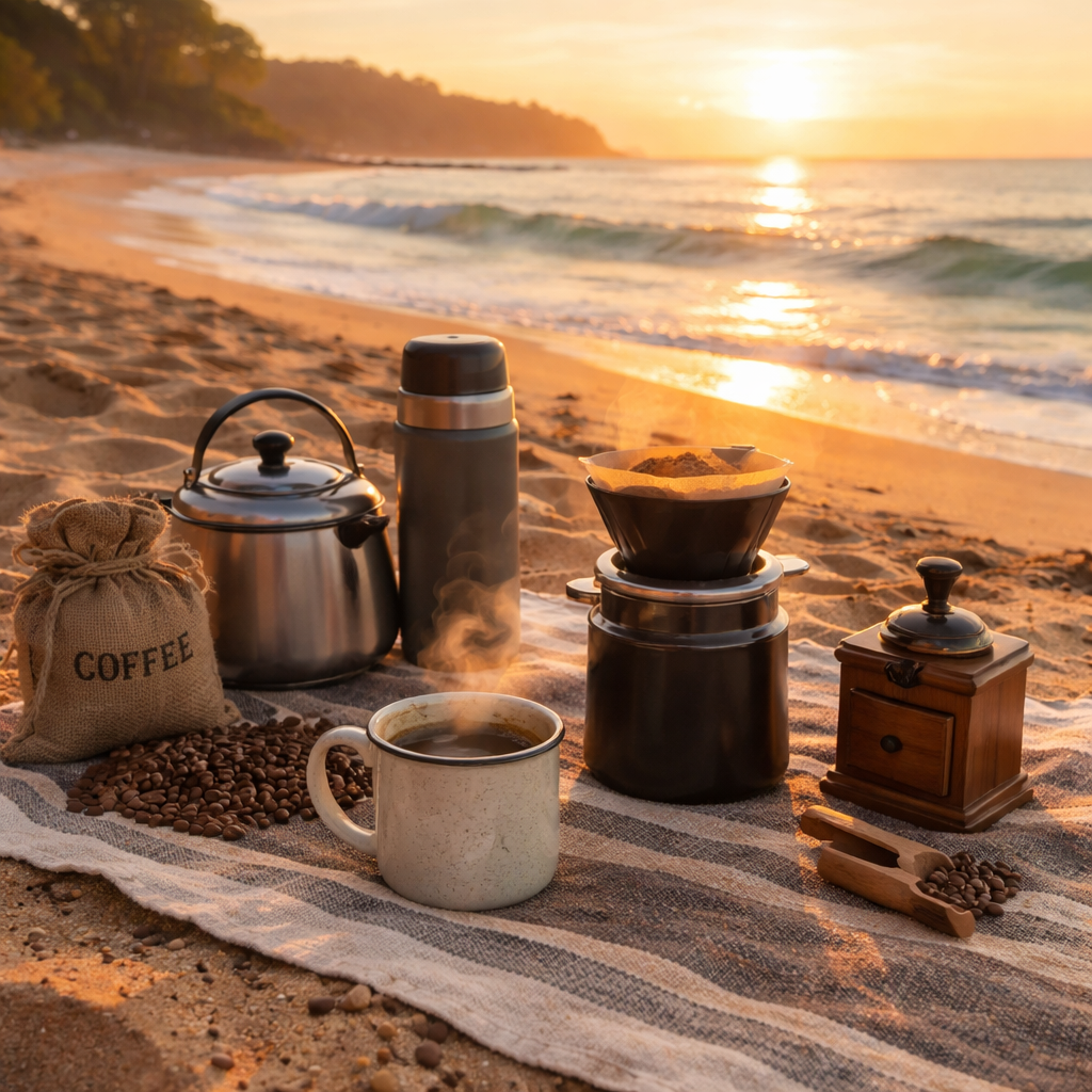 Beach camping coffee gear setup