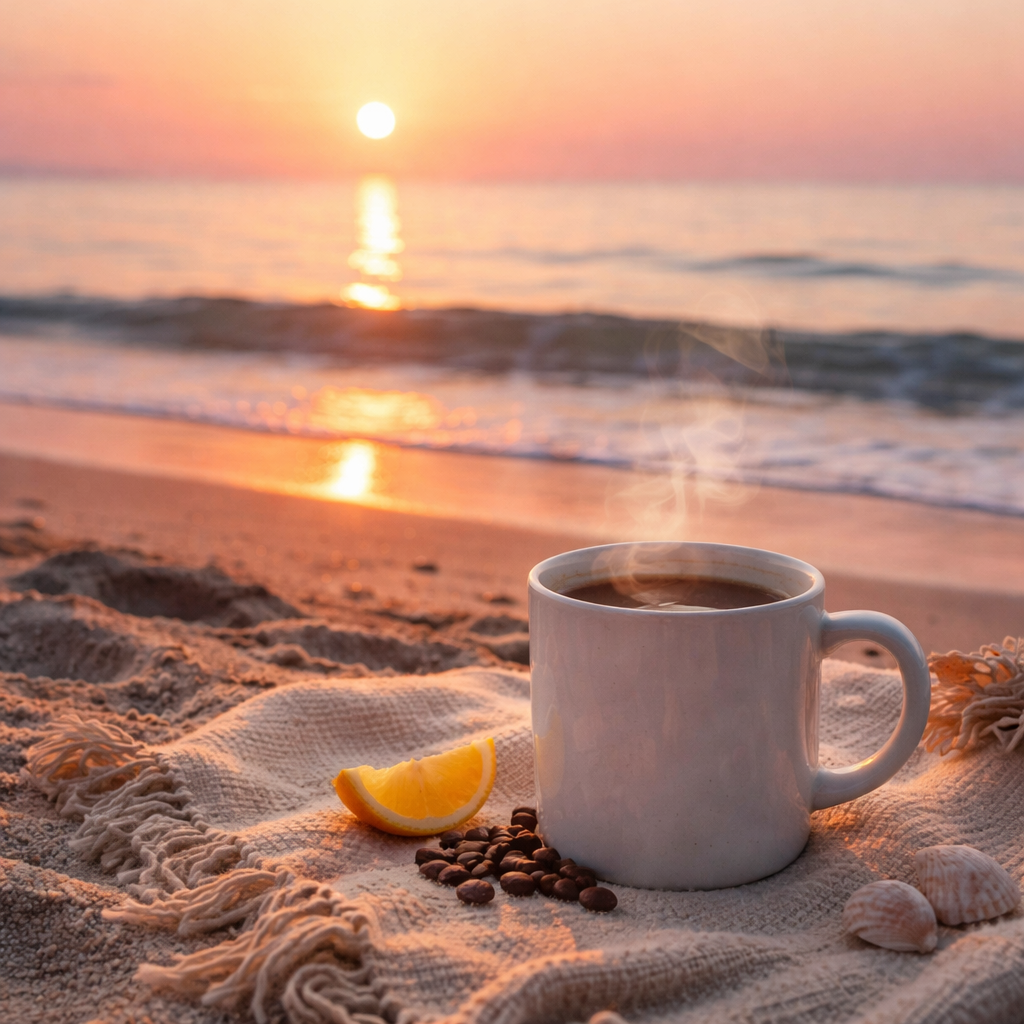 A photorealistic sunrise on a quiet beach, a steaming mug of light‑roasted coffee placed on a sandy blanket, gentle pink light reflecting off the water, a subtle hint of citrus zest beside the cup. Alt: best coffee for beach sunrise in realistic style.