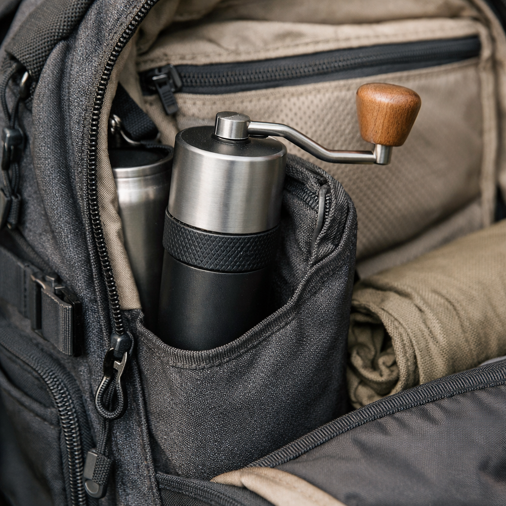 Compact lightweight coffee grinder for travel inside backpack
