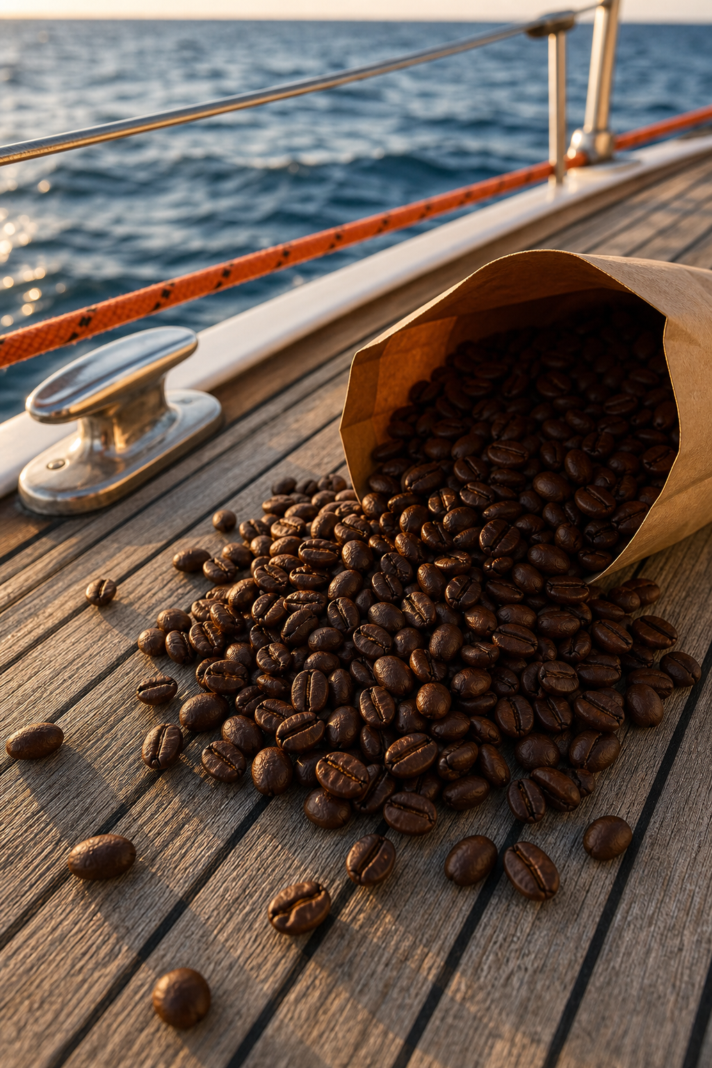 fresh roasted coffee beans for sailing trips on a boat deck.