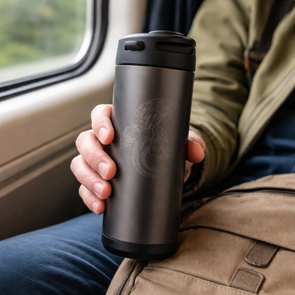 travel coffee mug with iguana design on a commuter’s hand.
