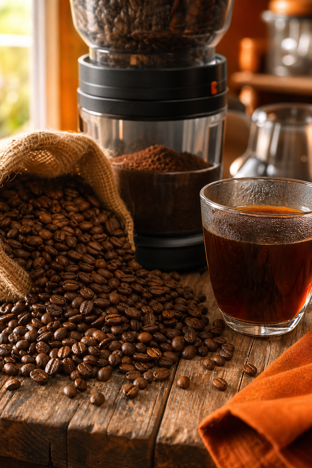 A photorealistic close-up of fresh coffee beans on a wooden table next to a burr grinder and a glass of brewed coffee. Warm morning light. Alt: Fresh coffee beans and brewed coffee for rum cocktail base.