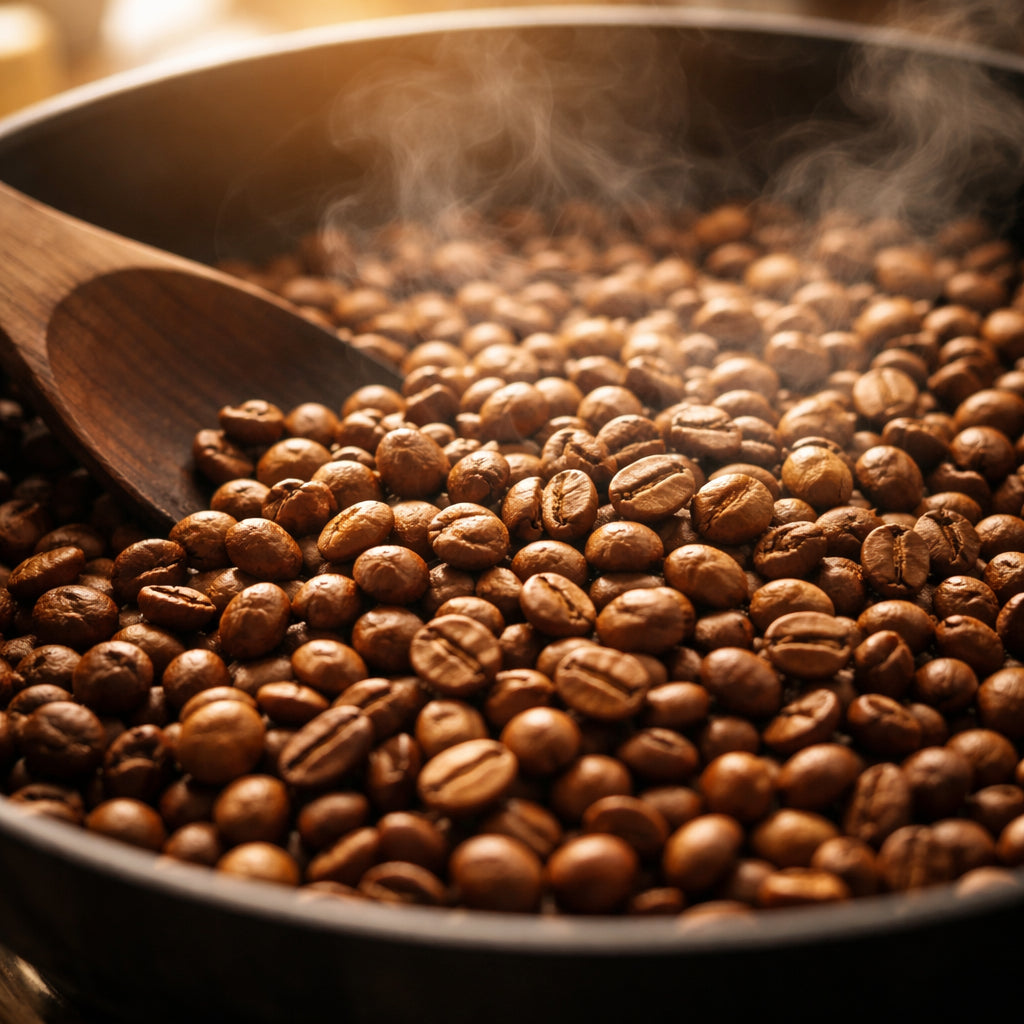 A realistic close‑up of coffee beans turning golden brown in a pan, with soft sunlight spilling over the skillet, alt="l