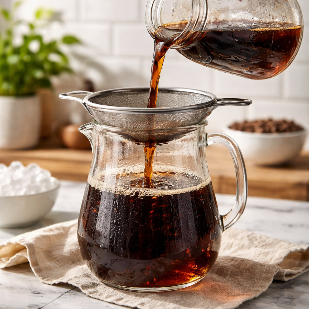 cold brew filtering process, clear coffee, kitchen setting.