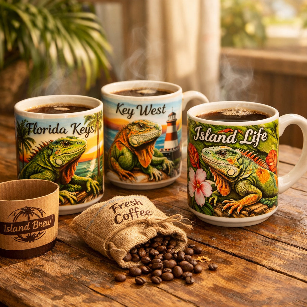 Ceramic iguana coffee mugs with Florida Keys themed designs.