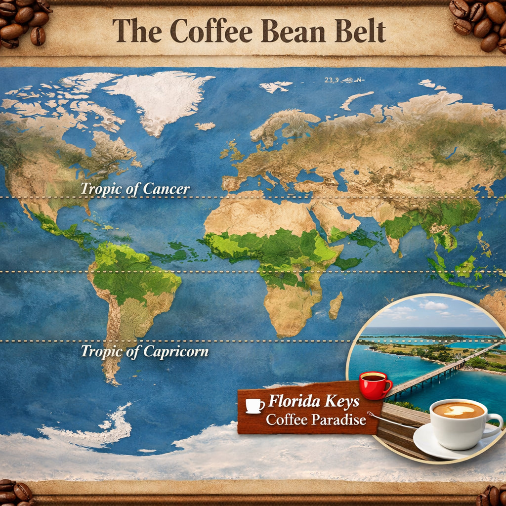 Coffee bean belt map showing global growing regions with Florida Keys connection.