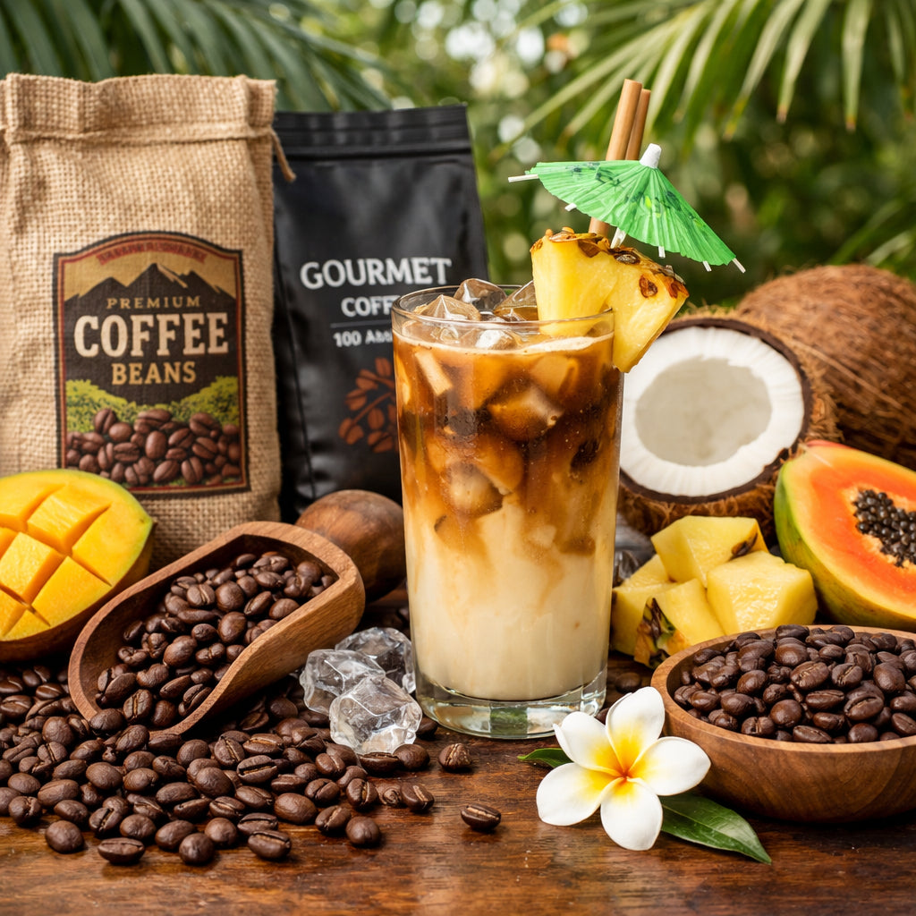 A photorealistic image related to best-coffee-beans-for-tropical-iced-latte. Alt: best-coffee-beans-for-tropical-iced-latte
