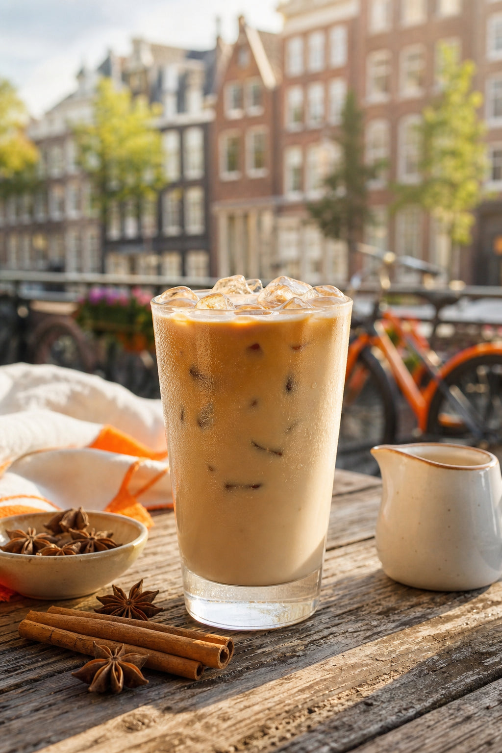 A photorealistic glass of iced dirty chai with condensation, spices like cinnamon sticks and star anise on a rustic wooden table, soft morning light. Alt: Iced dirty chai coffee tea blend for hot weather.