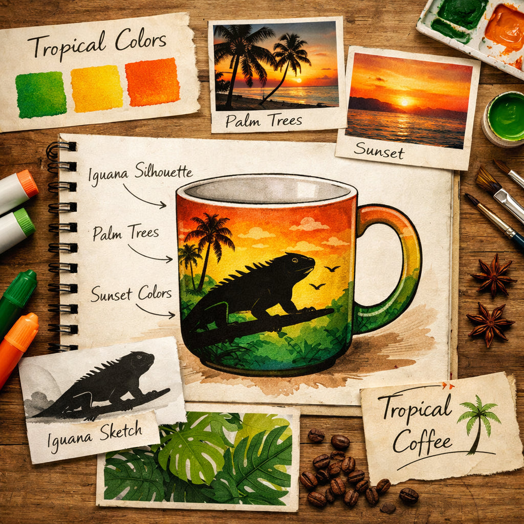 A realistic illustration of a coffee mug design sketch with tropical colors and an iguana silhouette, showing a mood board style layout. Alt: mug design concept for tropical coffee brand