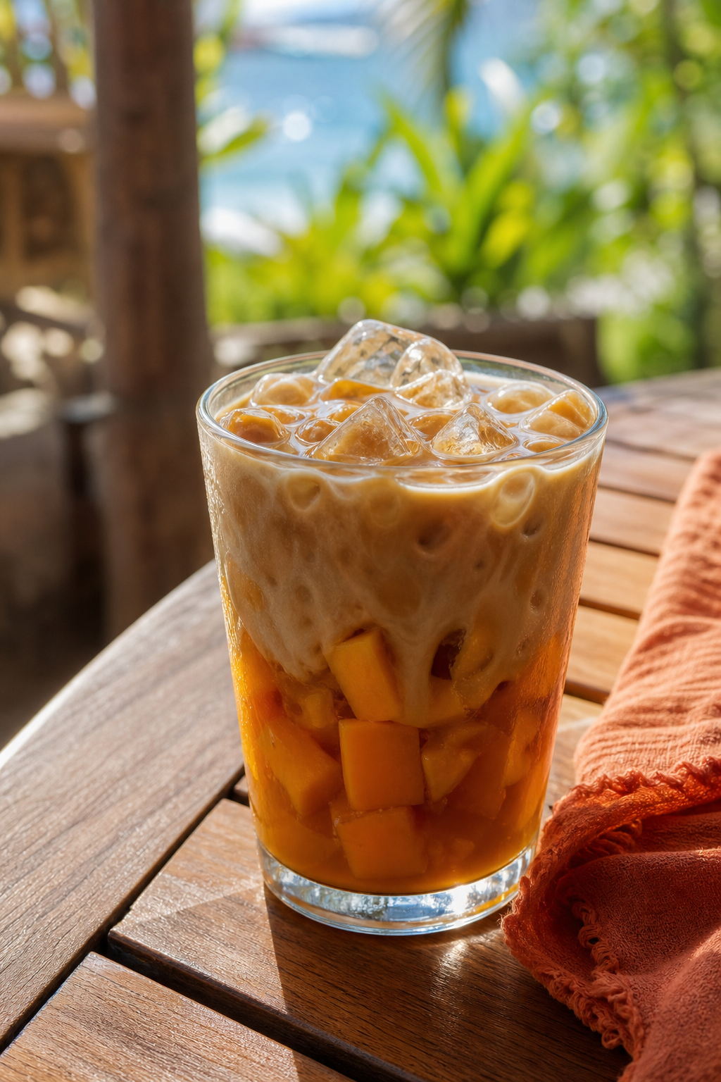 A photorealistic close-up of a glass of iced coffee with mango chunks and ice cubes on a wooden deck, with sunlight filtering through the drink. Alt: Bali Blue iced coffee with mango chunks.