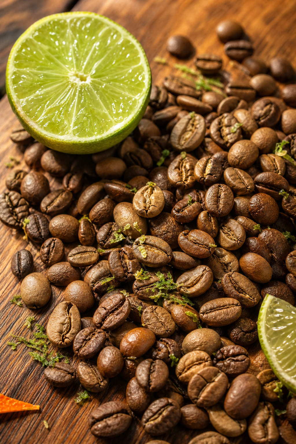 coffee beans with key lime flavor natural citrus notes close-up.