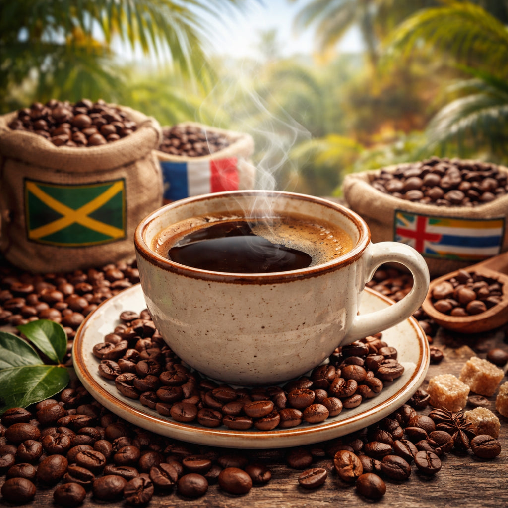 A realistic close‑up of a steaming cup of Caribbean coffee surrounded by beans from Jamaica, Dominican Republic, and Cuba, with a soft tropical background. Alt: Caribbean coffee beans variety showcase