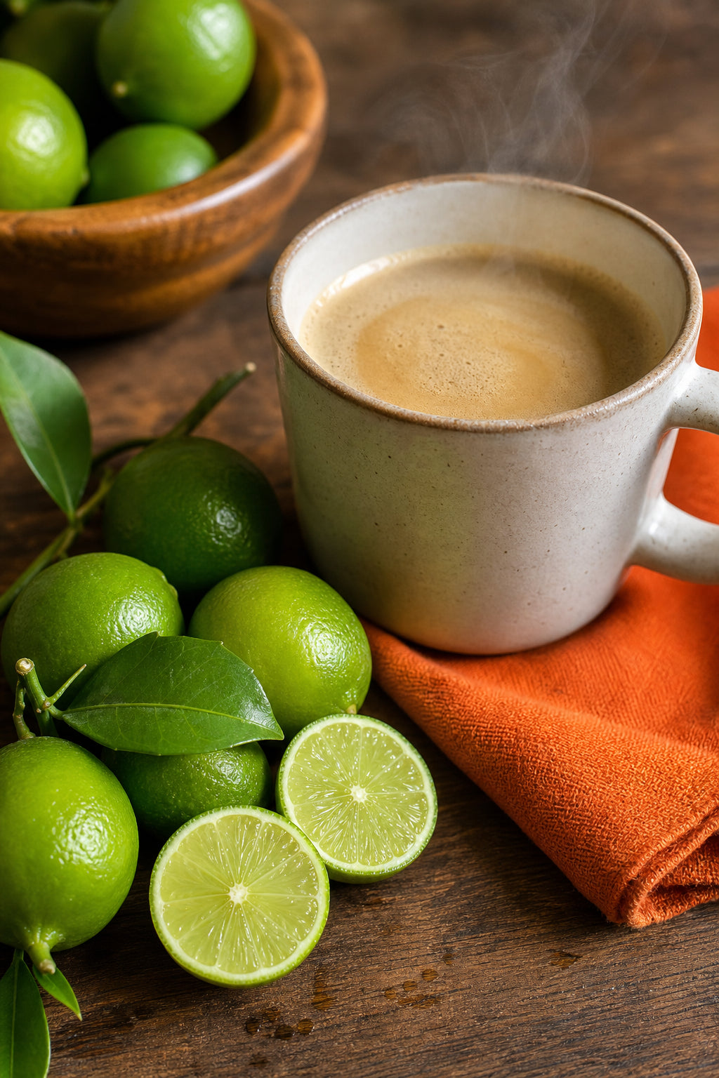 A close-up of fresh key limes next to a steaming cup of light-roast coffee on a wooden table, natural lighting. Alt: Key limes and coffee pairing for citrus flavor notes.