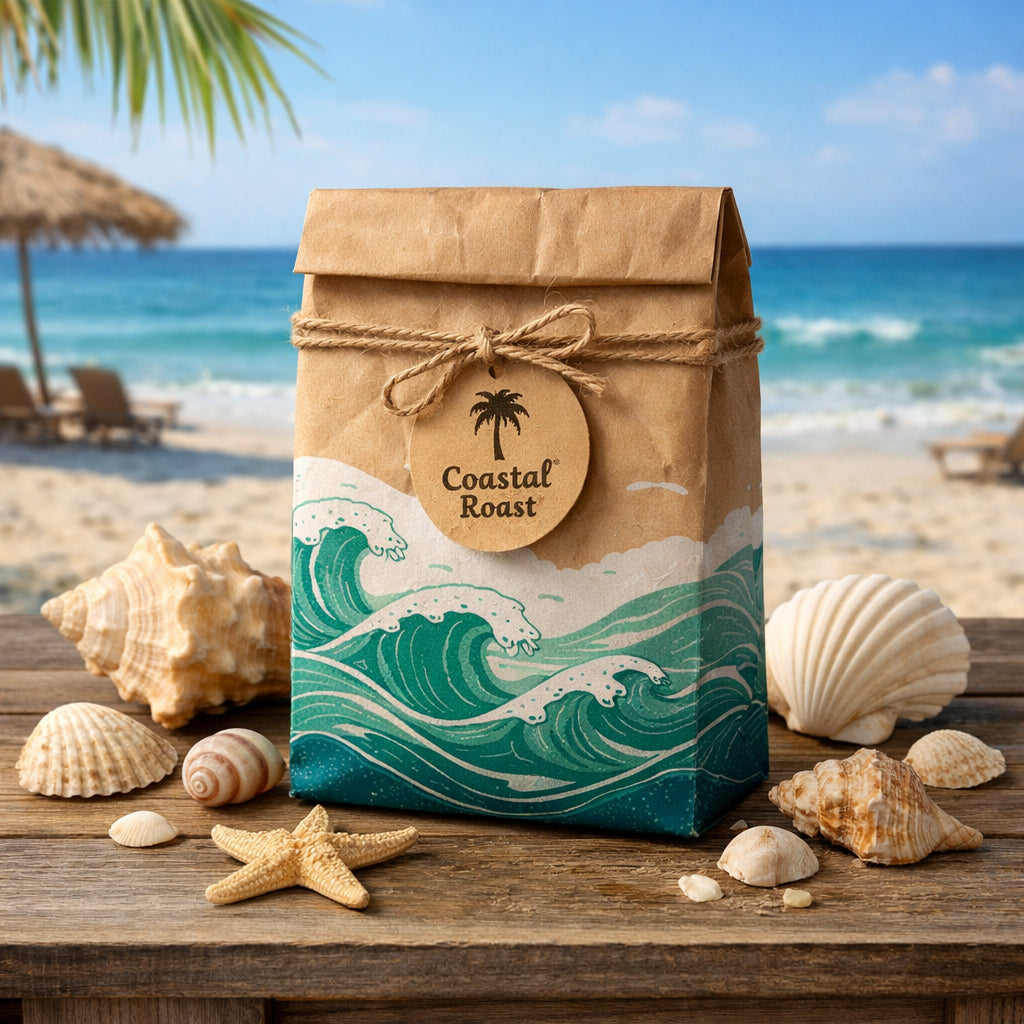A realistic scene of a wooden beach table with a wrapped coffee bag, seashells, and a teal wave pattern on the paper. Alt: beach themed coffee packaging ideas