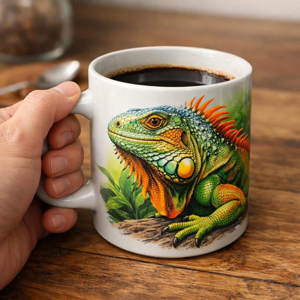 A realistic close‑up of a hand holding a white ceramic coffee mug with a bright iguana illustration, soft natural light, alt: coffee mug with iguana design on a wooden table