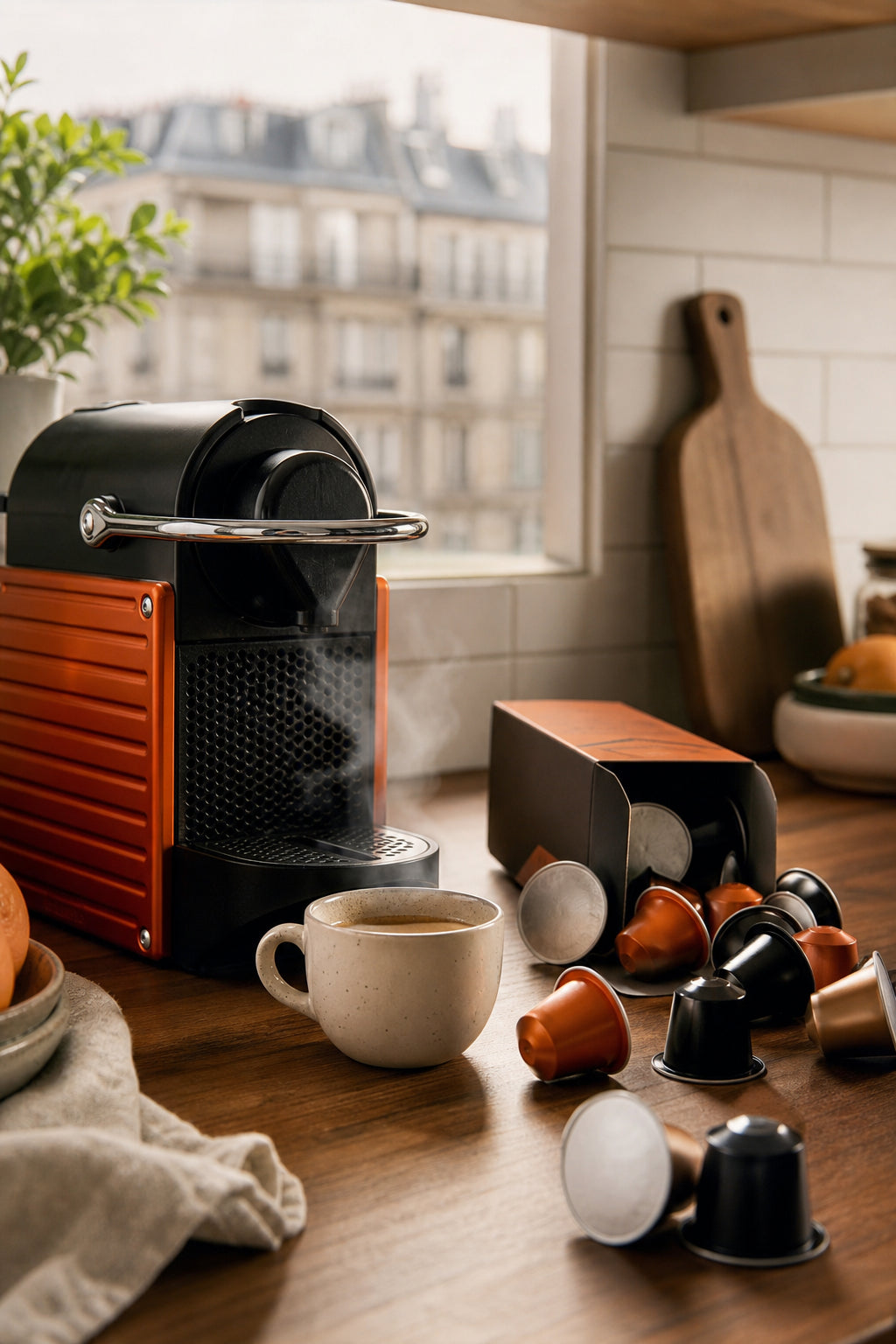 A realistic kitchen scene with a coffee pod machine, a steaming cup of coffee, and a box of single‑serve capsules spilling onto a wooden countertop. Alt: coffee pod subscription discount