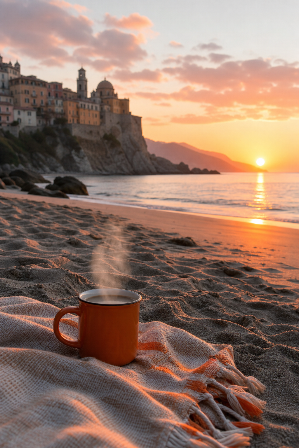 A realistic beach scene at sunrise with a coffee mug on a blanket in the sand, steam rising against pastel sky. Alt: coffee at sunrise on beach for beach lovers gift guide.