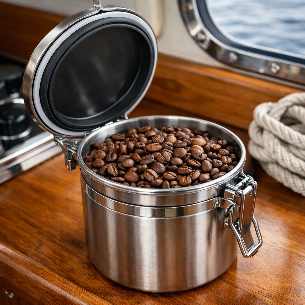 Airtight coffee canister for boat storage