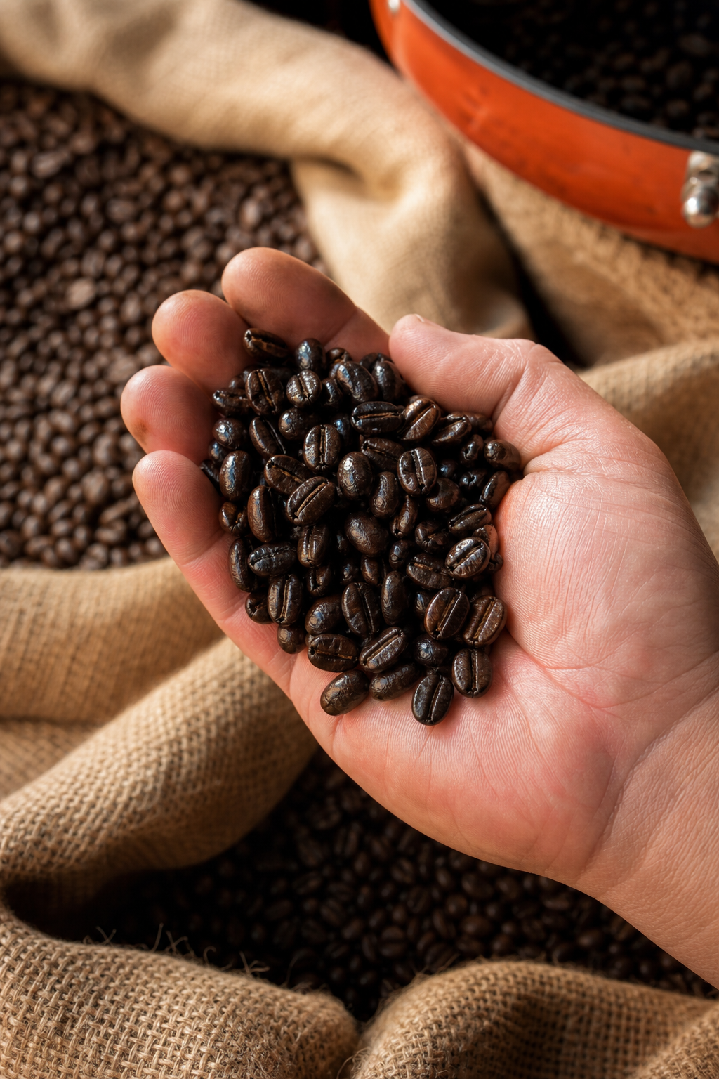 A close-up of a hand holding a handful of whole coffee beans fresh from a roaster, with burlap sacks in the background. The beans look oily and aromatic under natural light. Alt: Fresh whole coffee beans for road trip storage.