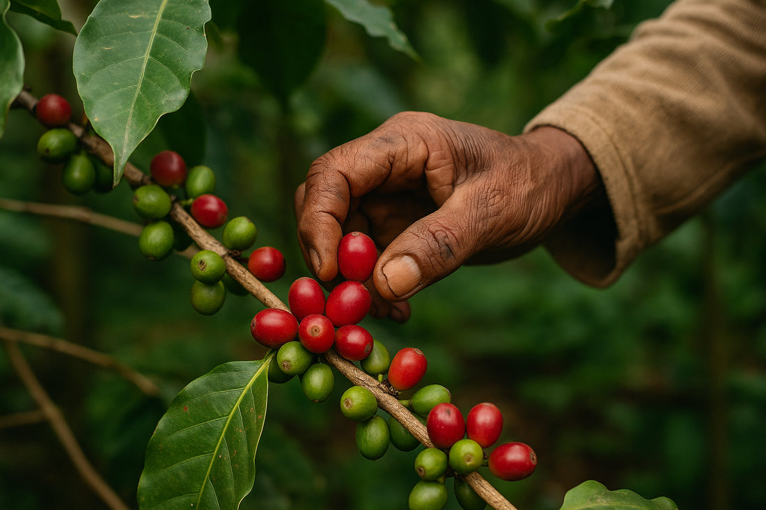 Close-up shot of coffee farmer hand-picking ripe coffee cherries on a sustainably managed farm. Alt: Direct trade coffee subscription with freshly harvested coffee cherries from ethical farms.