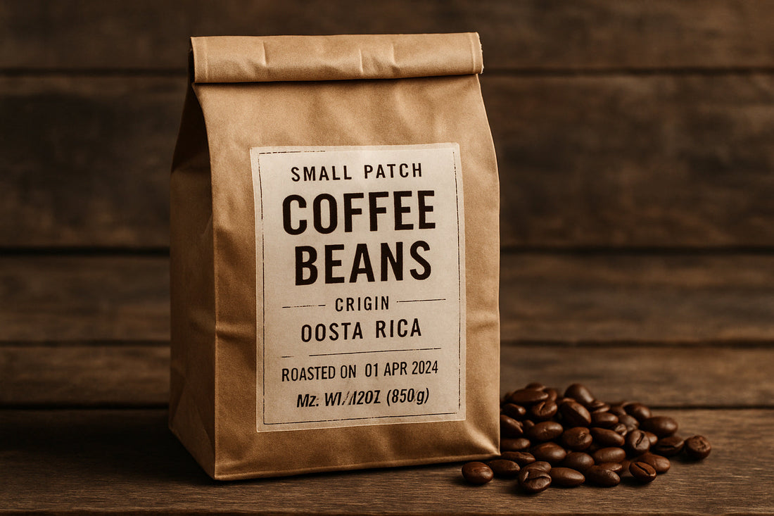 Small batch coffee beans in a rustic pack, labeled with origin detail. Alt: Fresh small batch coffee subscription beans showing roast date and origin for quality assurance.