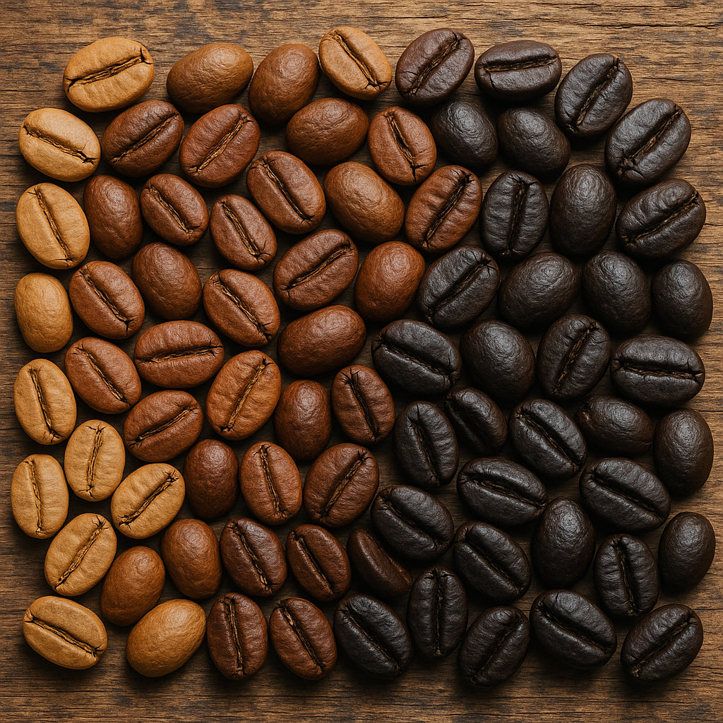 Assorted coffee beans from various origins on a rustic wooden surface highlighting color variation. Alt: best coffee beans for cold brew selection