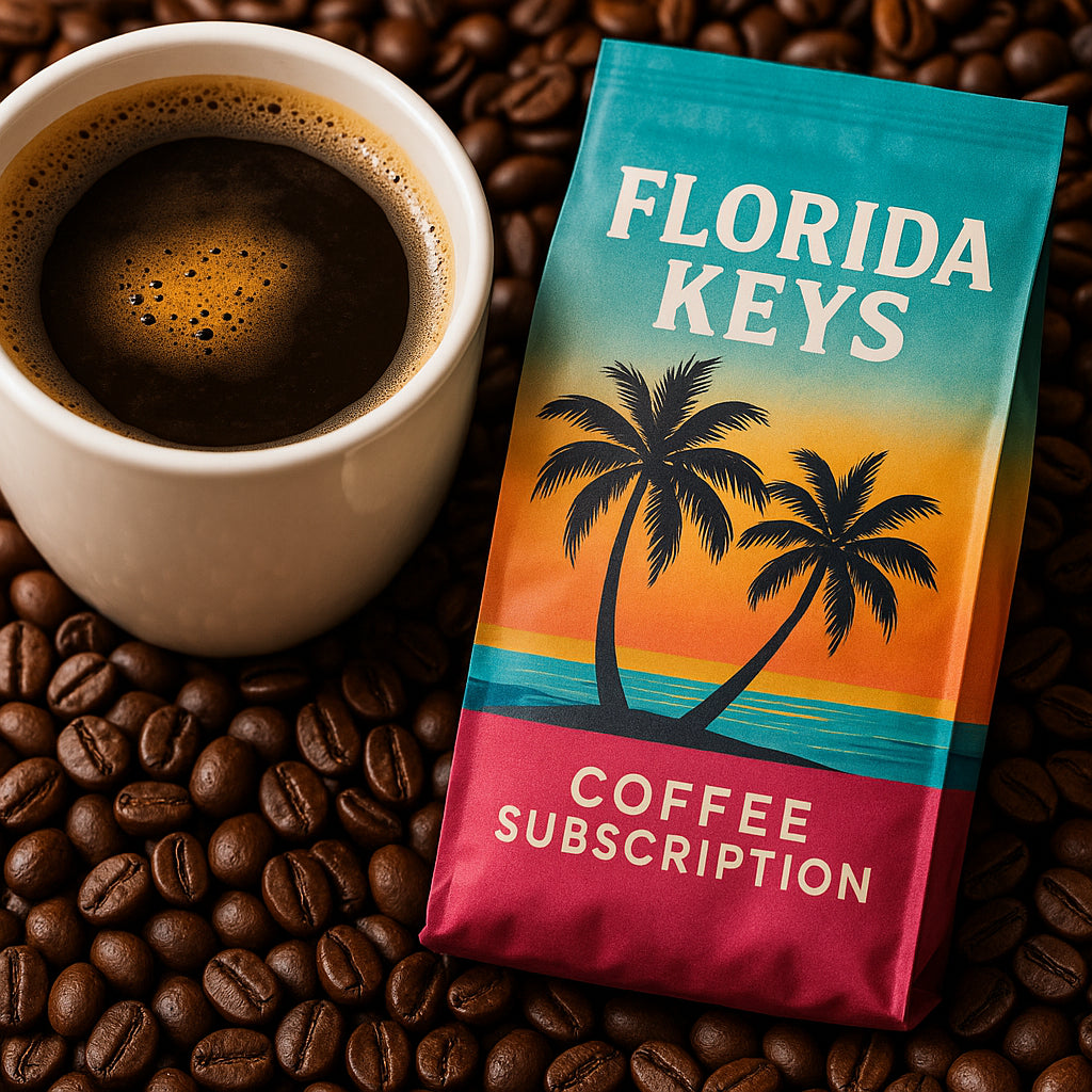 A vibrant cup of freshly brewed coffee beside roasted beans from a Florida Keys inspired coffee subscription. Alt: Freshly roasted coffee beans from the best coffee subscription service delivering exceptional Florida Keys flavors.