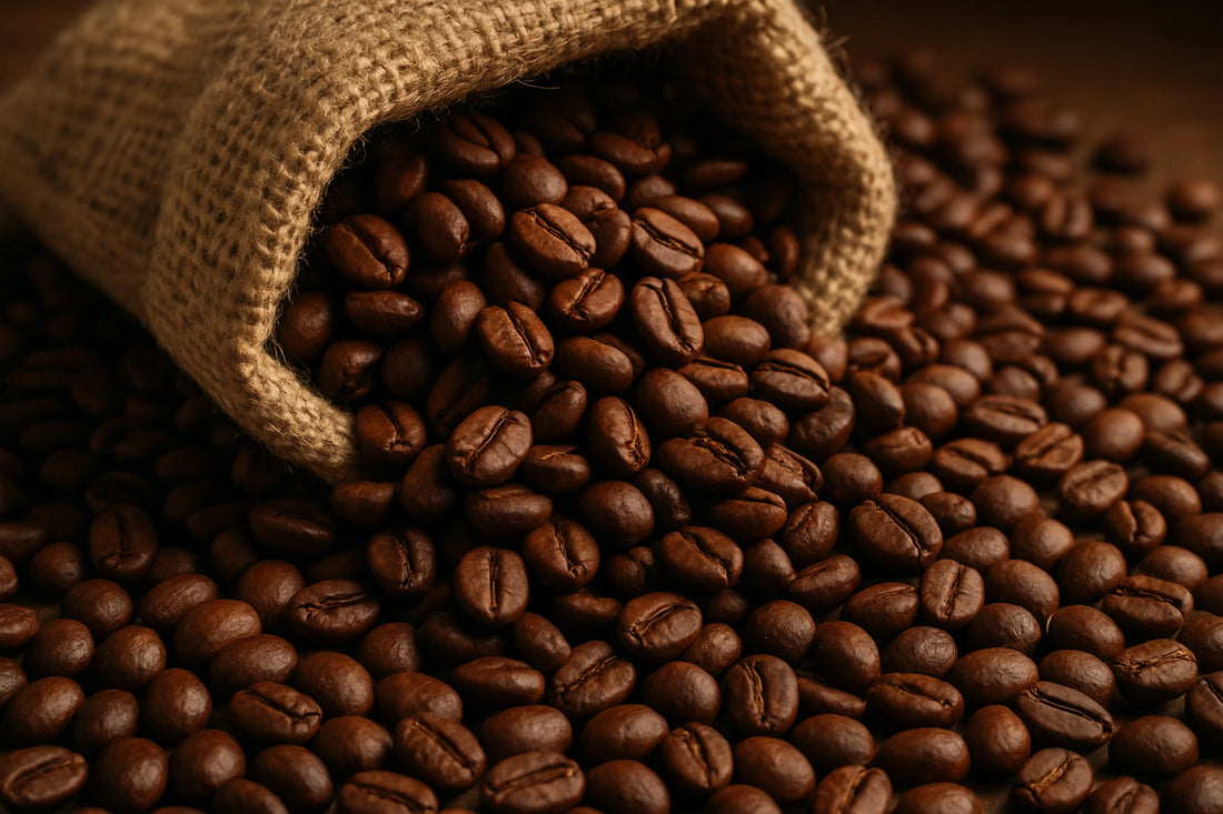 Freshly roasted single origin coffee beans spilling from a burlap sack, highlighting the beans' texture and color. Alt: Fresh single origin coffee subscription freshly roasted beans ready for brewing.