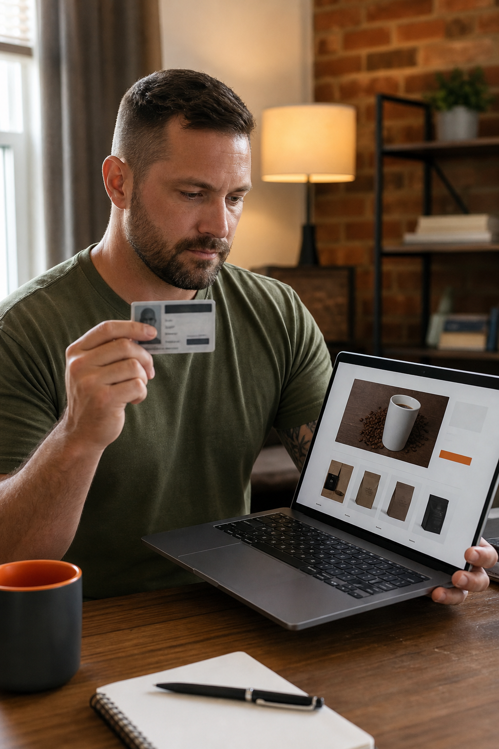 A realistic scene of a veteran holding a military ID and a laptop, showing a coffee subscription website on the screen. Alt: veteran verifies eligibility for coffee discount online