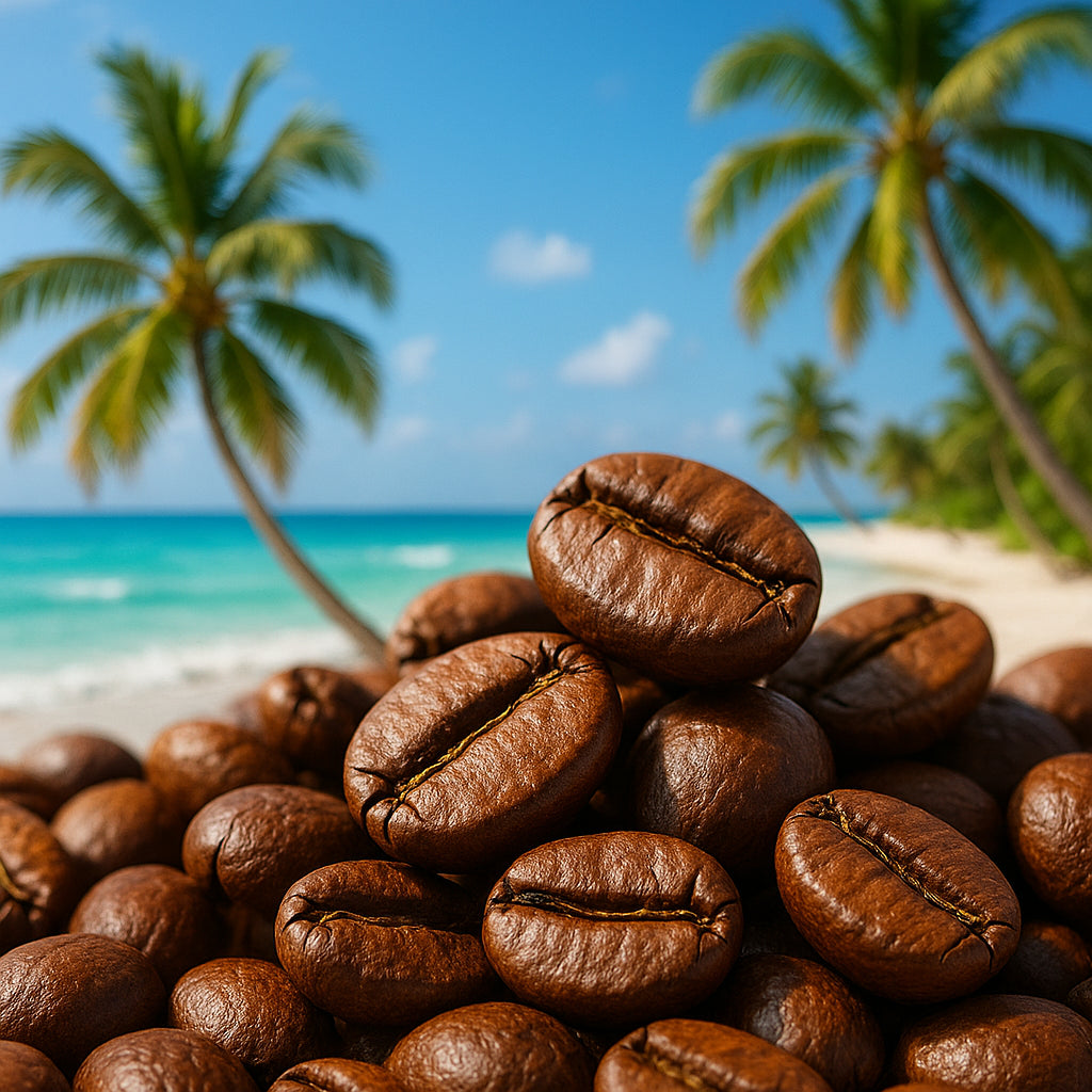 A vibrant close-up of roasted tropical coffee beans with a beach background, palm trees and ocean waves. Alt: Beach vibes tropical coffee beans fresh roasted with tropical beach scenery.