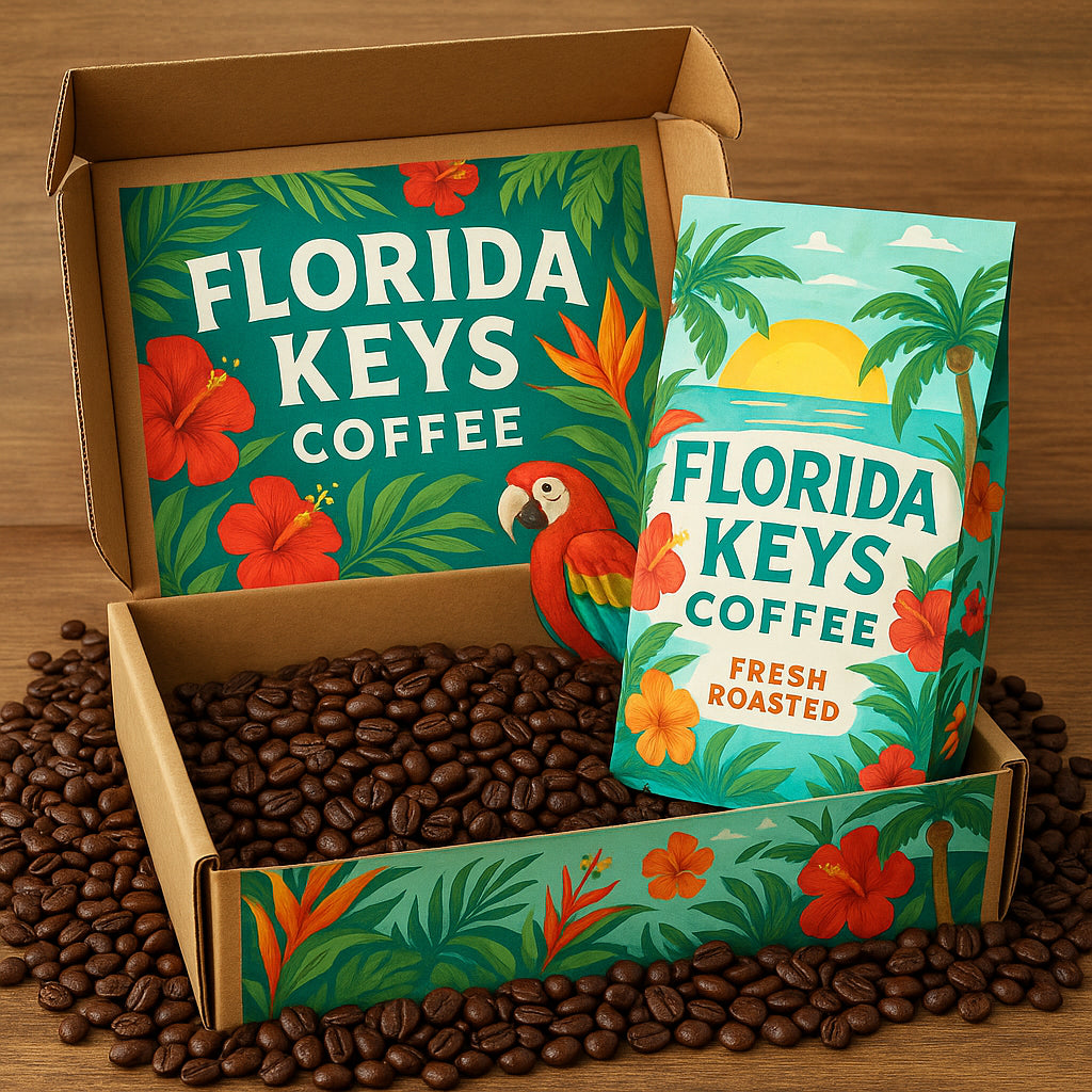 A vibrant Florida Keys inspired coffee subscription box with tropical-themed packaging and fresh roasted coffee beans. Alt: Florida Keys inspired coffee subscription box with tropical packaging and fresh coffee beans