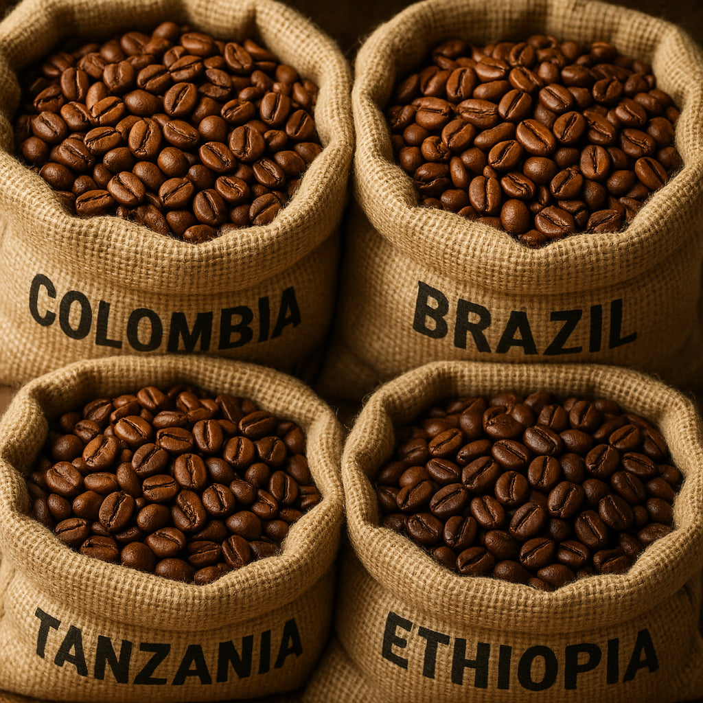 High-quality, freshly roasted coffee beans from different parts of the world in burlap sacks. Alt: Coffees of the world subscription showcasing diverse, fresh roasted coffee beans.