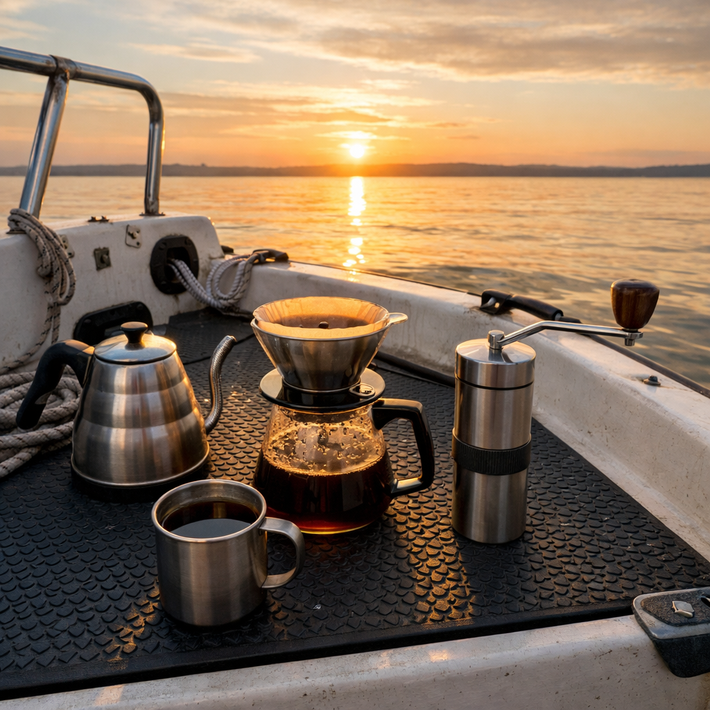 Boat deck coffee brewing setup