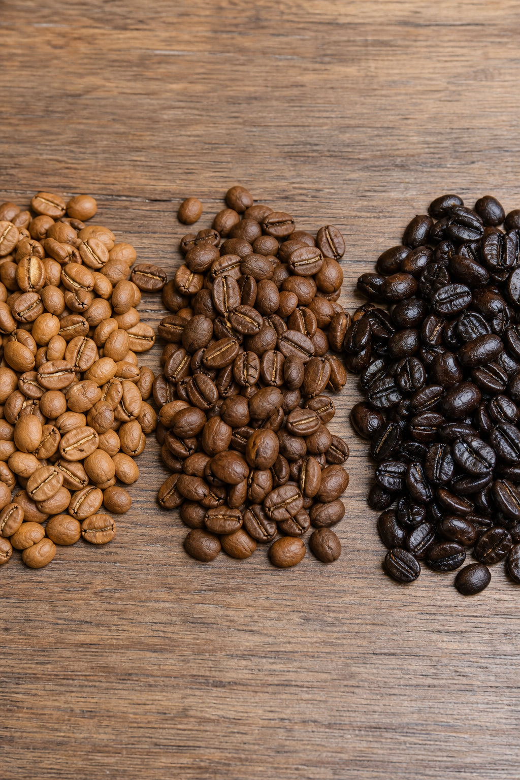 A photorealistic close-up of three piles of roasted coffee beans on a wooden table, showing light, medium, and dark roasts with distinct color differences. Alt: Comparing light, medium, and dark roast coffee beans for a Florida Keys coffee bean review.
