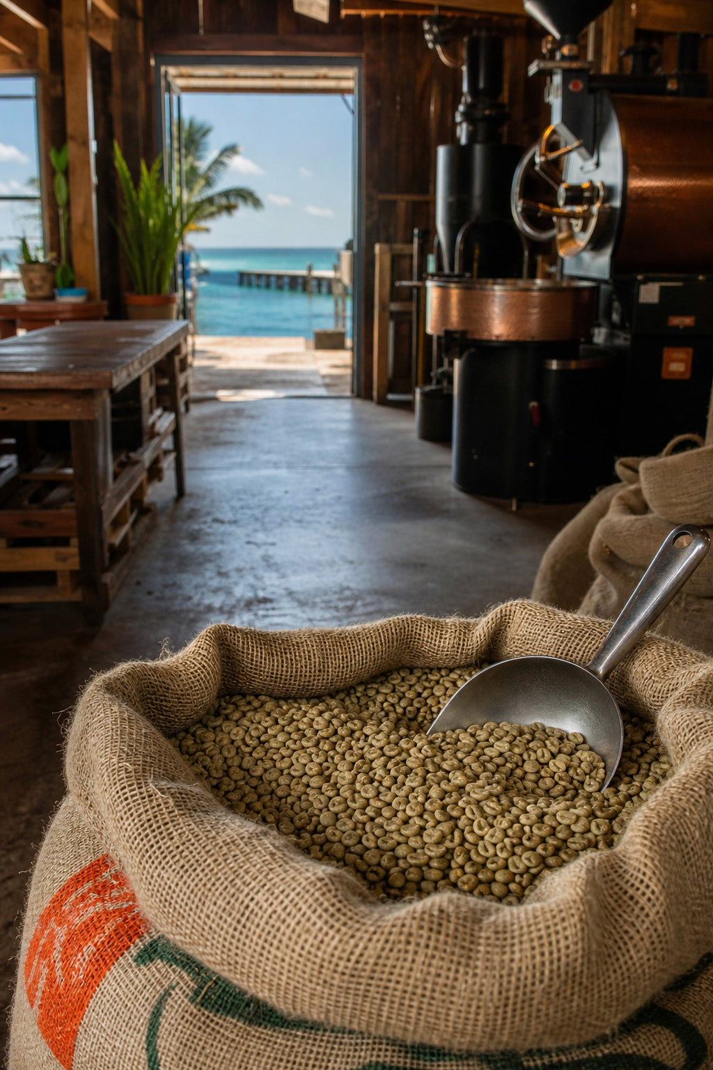 A photorealistic shot of a coffee roastery in the Florida Keys with a burlap sack of green coffee beans and the ocean visible through an open door. Alt: Florida Keys coffee roastery with green coffee beans.