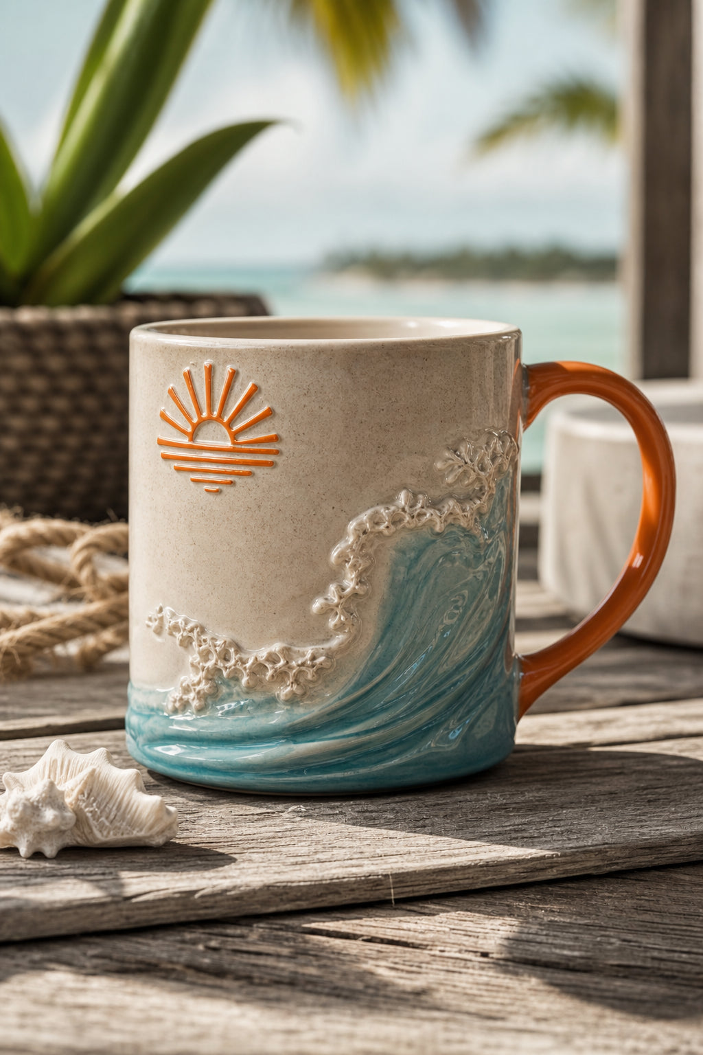 A photorealistic concept image showing a Florida Keys-inspired mug with a soft sand texture and a glossy wave design, Realism. Alt: Florida Keys mug concept with sand texture and wave design.