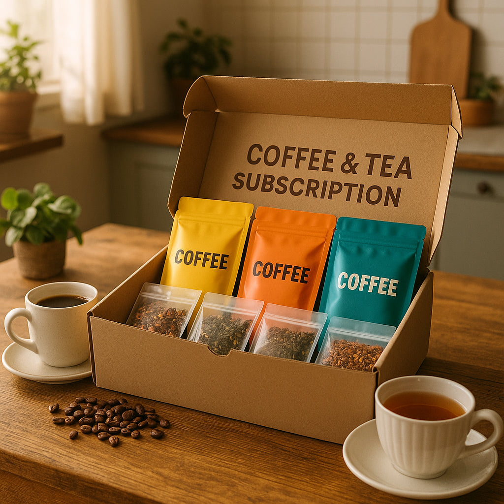 A cozy kitchen table with a fresh coffee and tea subscription box opened, showing vibrant coffee bags and assorted tea blends. Alt: Fresh coffee and tea subscription box delivery with assorted flavors and fresh roasted beans.