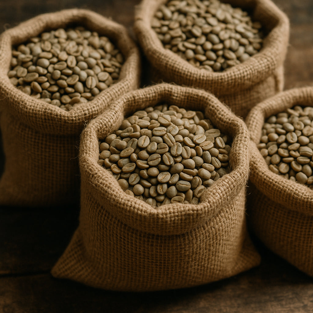 Fresh ethically sourced coffee beans in burlap sacks ready for packaging; Alt: Fresh ethically sourced coffee beans direct to door ensuring quality and fairness.