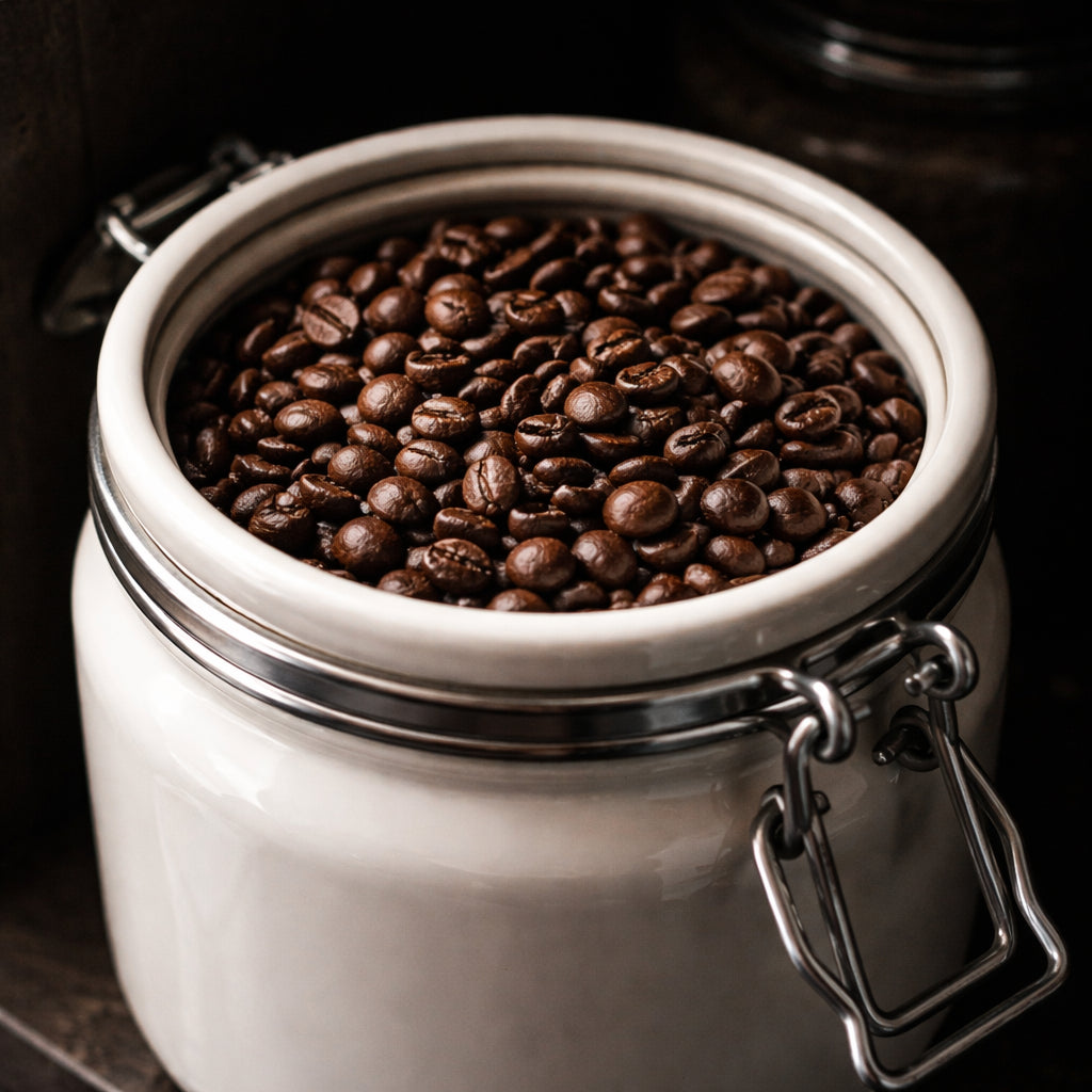 A realistic close‑up of coffee beans inside an opaque, airtight ceramic jar on a dark pantry shelf. Alt: coffee beans stored in a light‑proof container for freshness