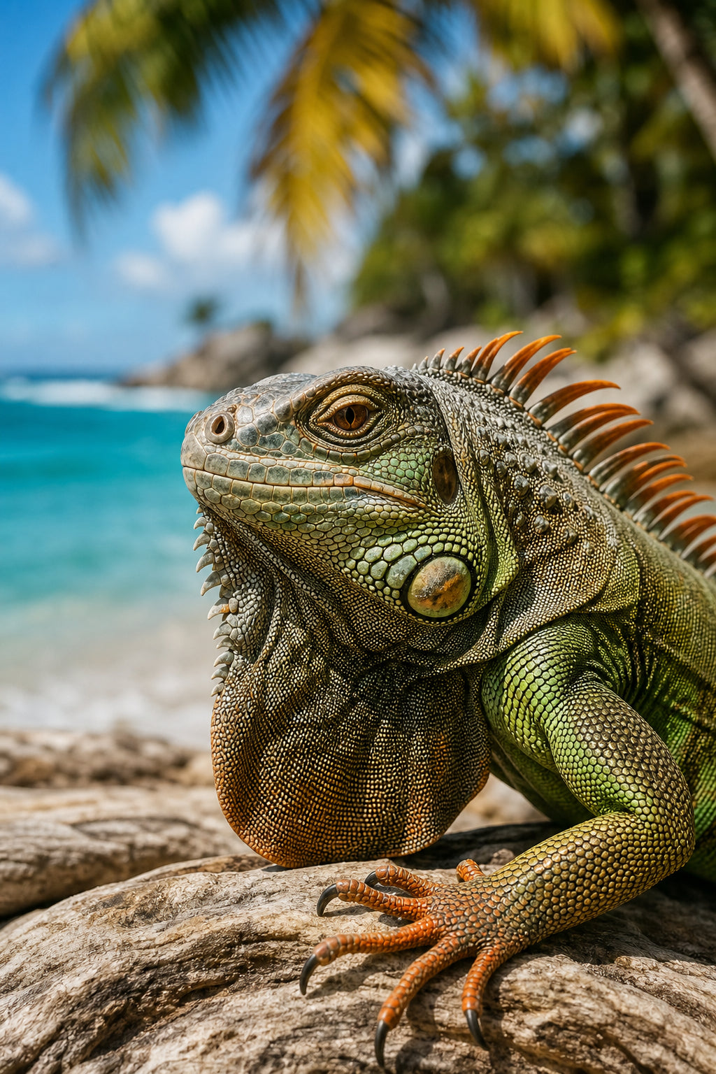 A realistic close-up of a green iguana sunbathing on a tropical beach, with turquoise water and palm trees blurred in the background. Alt: iguana mascot inspiration for coffee brand story