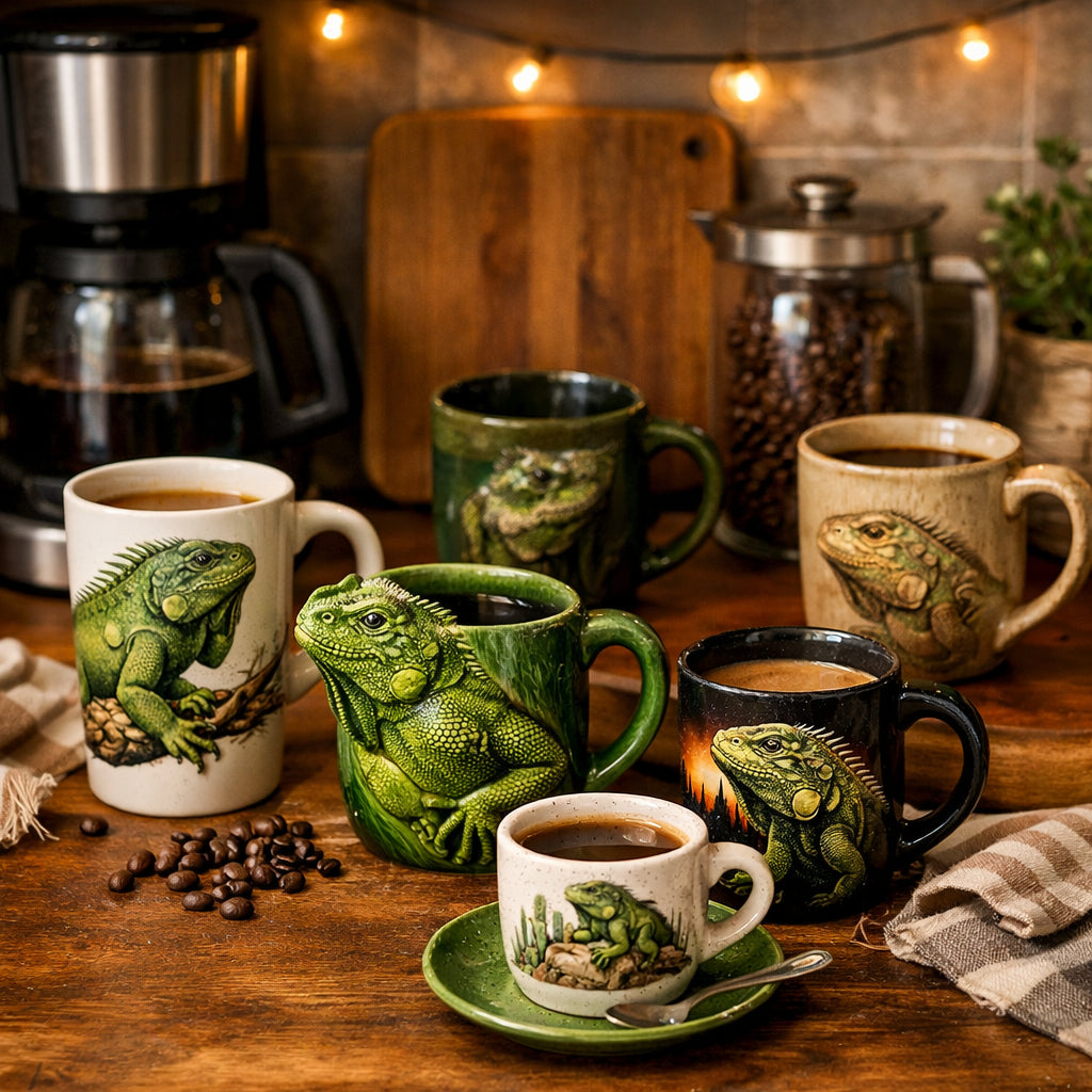 A realistic scene of a coffee lover’s kitchen counter showing various mug styles, warm lighting, a cozy vibe. Alt: iguana coffee mug styles on a kitchen counter