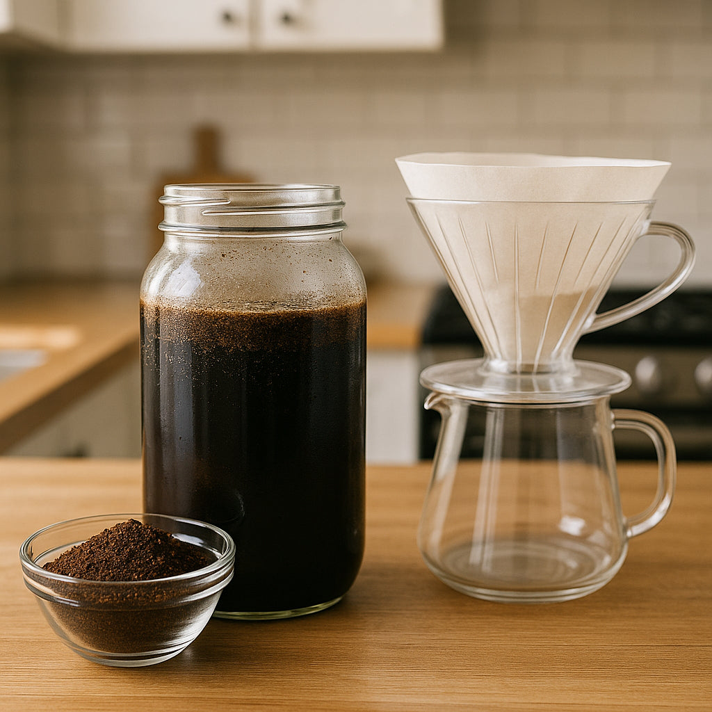 A kitchen setup showing coarse coffee grounds, a large glass jar with water and coffee grounds steeping, and filtering equipment ready. Alt: How to make cold brew coffee at home setup including coarse ground beans and jar